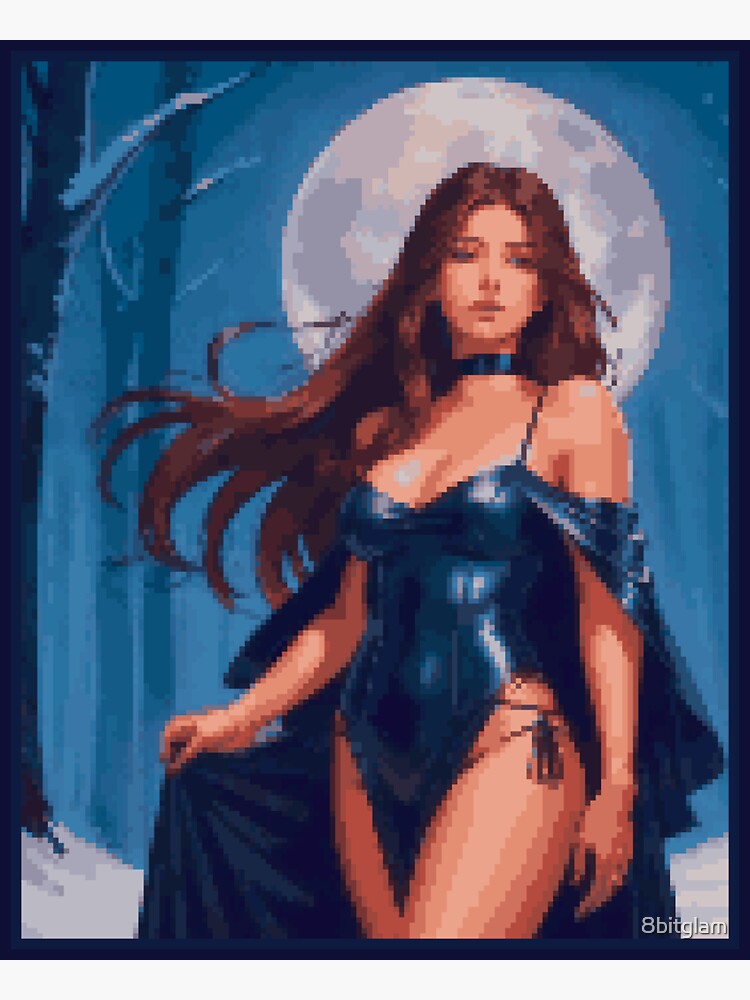 Thumbnail 3 of 3, Sticker, Fantasy Full Moon Night Blue Dress Brunette Girl designed and sold by 8bitglam.