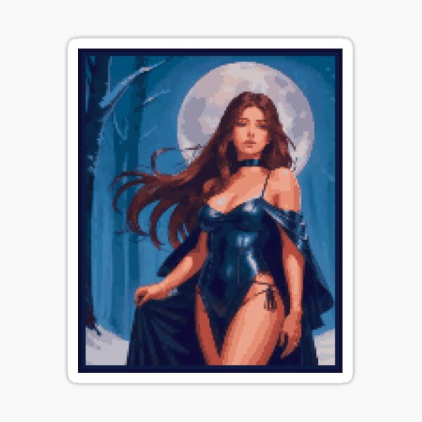 Fantasy Full Moon Night Blue Dress Brunette Girl Sticker