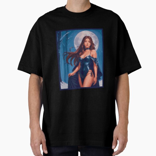 Fantasy Full Moon Night Blue Dress Brunette Girl Oversized T-Shirt