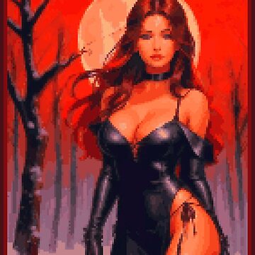 Artwork thumbnail, Fantasy Full Moon Red Sky Black Dress Brunette Girl by 8bitglam