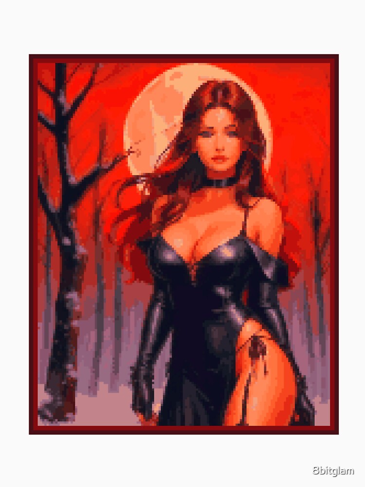 Thumbnail 7 of 7, Classic T-Shirt, Fantasy Full Moon Red Sky Black Dress Brunette Girl designed and sold by 8bitglam.