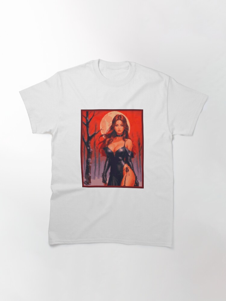 Thumbnail 3 of 7, Classic T-Shirt, Fantasy Full Moon Red Sky Black Dress Brunette Girl designed and sold by 8bitglam.