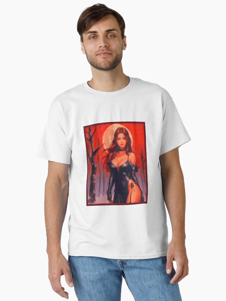 Thumbnail 1 of 7, Classic T-Shirt, Fantasy Full Moon Red Sky Black Dress Brunette Girl designed and sold by 8bitglam.