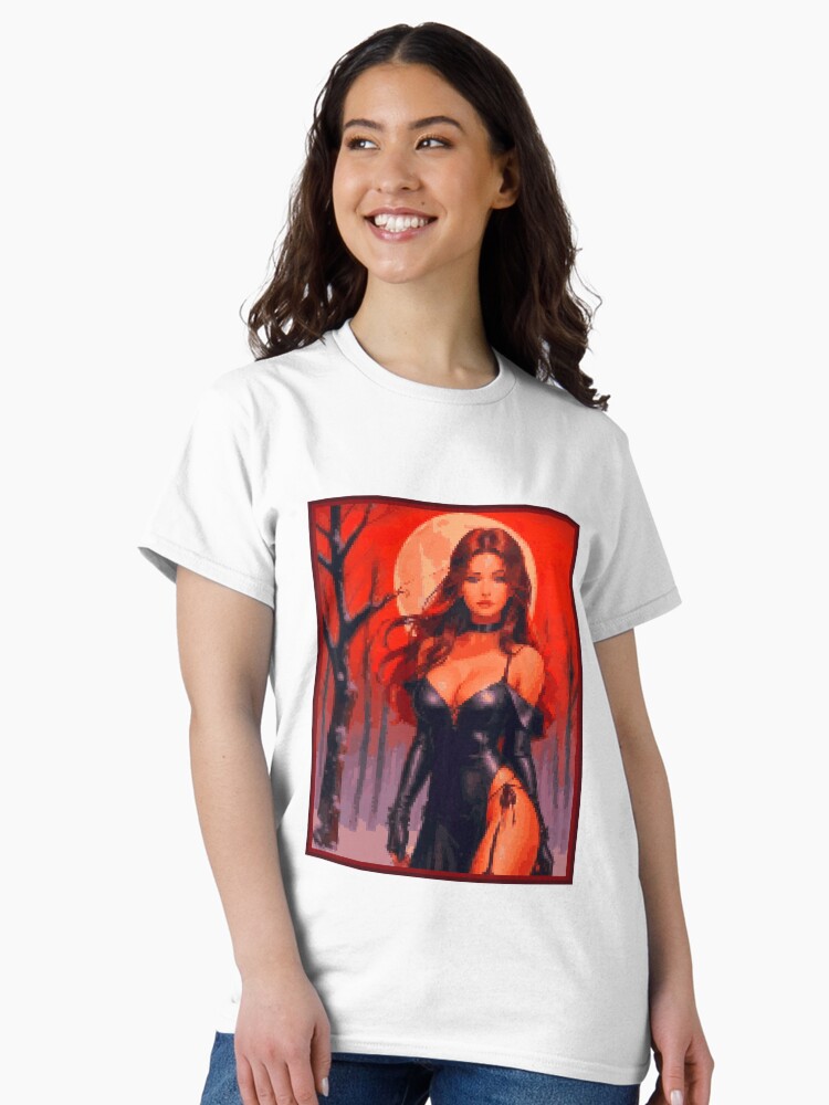 Thumbnail 2 of 7, Classic T-Shirt, Fantasy Full Moon Red Sky Black Dress Brunette Girl designed and sold by 8bitglam.