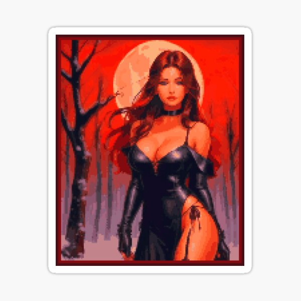 Fantasy Full Moon Red Sky Black Dress Brunette Girl Sticker