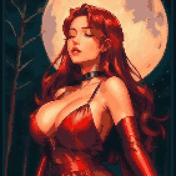 Artwork thumbnail, Fantasy Full Moon Night Red Dress Redhead Girl by 8bitglam