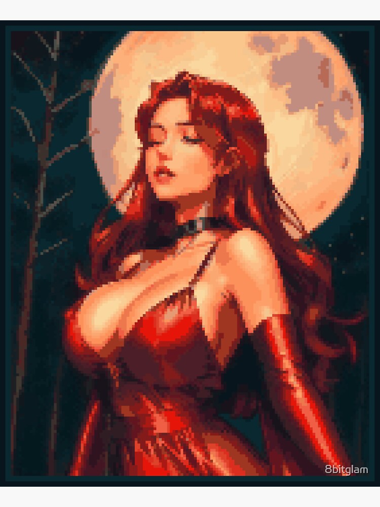 Thumbnail 3 of 3, Sticker, Fantasy Full Moon Night Red Dress Redhead Girl designed and sold by 8bitglam.