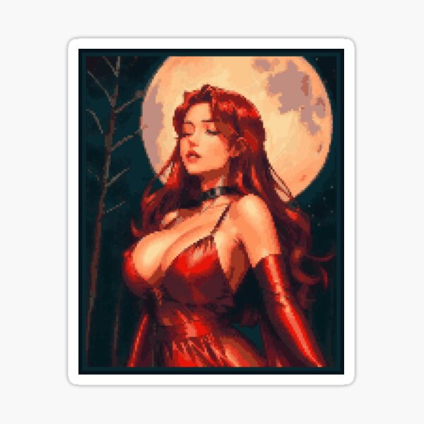 Fantasy Full Moon Night Red Dress Redhead Girl Sticker