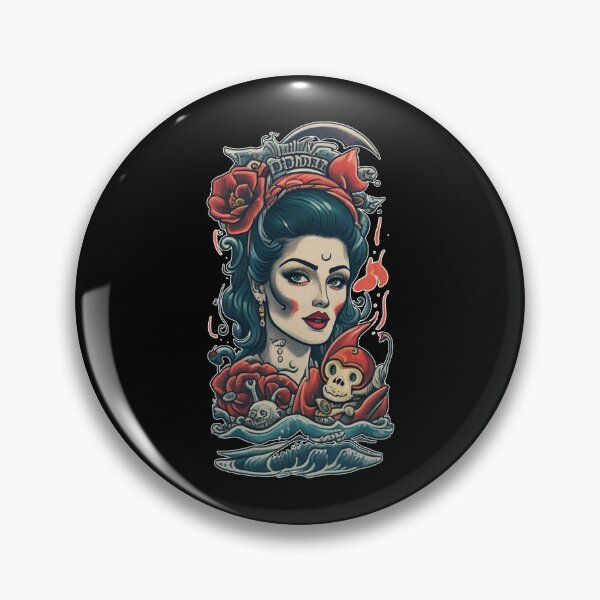 Item preview, Traditional Beautiful Sailor Lady and Red Roses, Sea waves nd Monkey SkullTattoo designed and sold by Cesar Caligula.