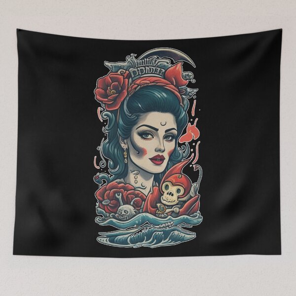 Item preview, Traditional Beautiful Sailor Lady and Red Roses, Sea waves nd Monkey SkullTattoo designed and sold by Cesar Caligula.