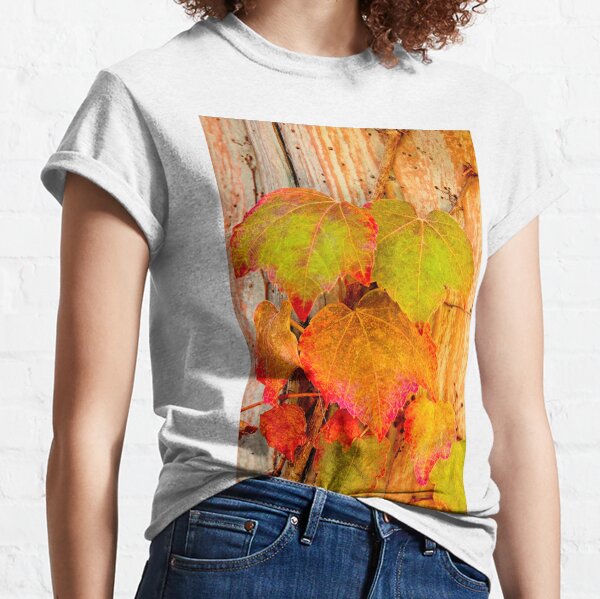 Colorful Fall leaves on a wooden wall, Winslow, Arizona. Classic T-Shirt