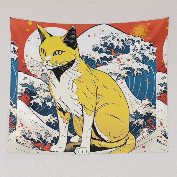 Item preview, Cat amongst Hokusai waves with a rising moon and clouds in pop art design designed and sold by Meena-tta.