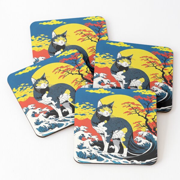 Item preview, Cat amongst Hokusai waves with a rising moon and clouds in pop art design designed and sold by Meena-tta.