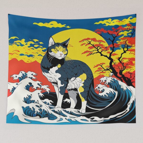 Item preview, Cat amongst Hokusai waves with a rising moon and clouds in pop art design designed and sold by Meena-tta.