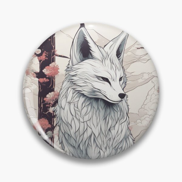 Item preview, Japanese folklore fox kitsune forest cherry blossom tree line art designed and sold by Meena-tta.