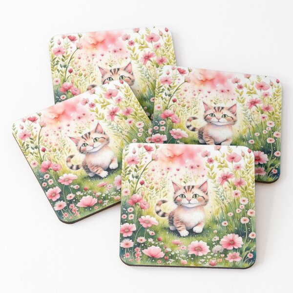 Item preview, Floral Whisker Waltz: The Kitten's Stroll Amidst Pink Blooms designed and sold by MiggysArtHaven.