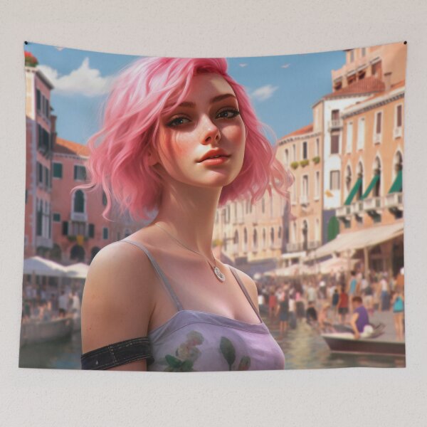 Item preview, Enchanting Visions: A Beautiful Girl with Short Pink Hair in Venice designed and sold by oanaunciuleanu.