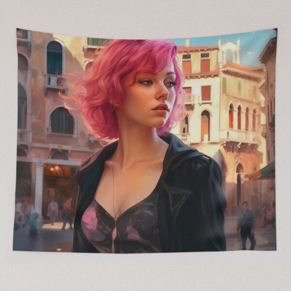 Item preview, Enchanting Visions: A Beautiful Girl with Short Pink Hair in Venice designed and sold by oanaunciuleanu.