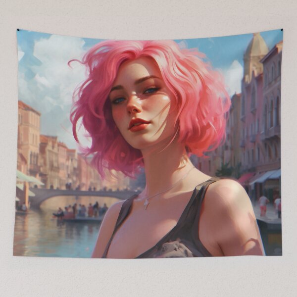 Item preview, Enchanting Visions: A Beautiful Girl with Short Pink Hair in Venice designed and sold by oanaunciuleanu.