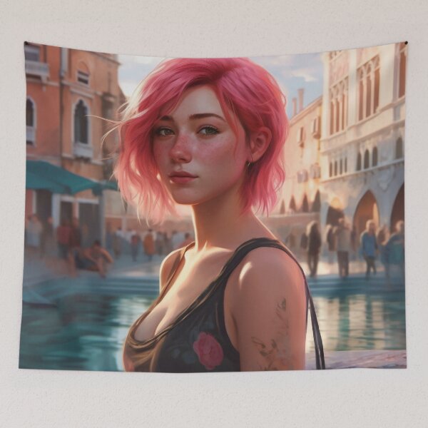 Item preview, Enchanting Visions: A Beautiful Girl with Short Pink Hair in Venice designed and sold by oanaunciuleanu.
