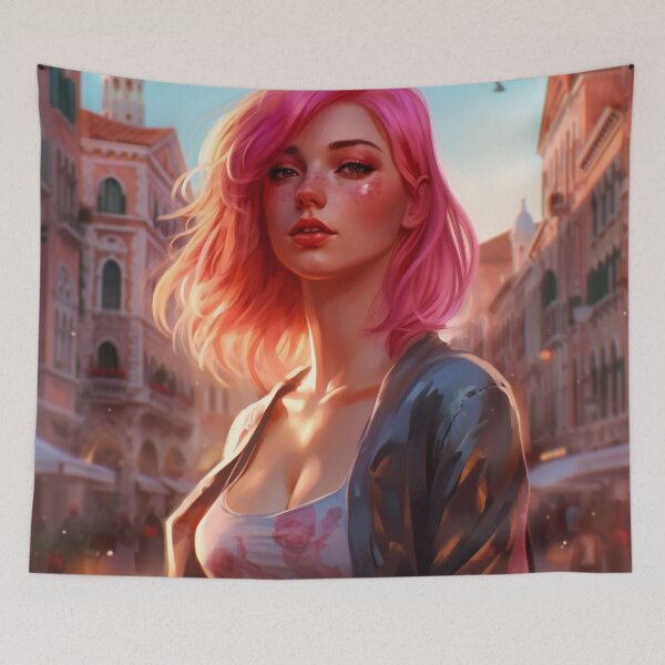 Item preview, Enchanting Visions: A Beautiful Girl with Short Pink Hair in Venice designed and sold by oanaunciuleanu.