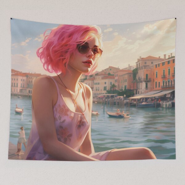 Item preview, Enchanting Visions: A Beautiful Girl with Short Pink Hair in Venice designed and sold by oanaunciuleanu.