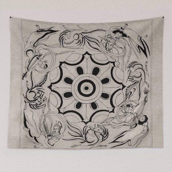 Item preview, Vintage Sketch Buddhist Flying Kabuki Chakra Sacred Geometry Dharma Mantra designed and sold by Mulan-Prints.