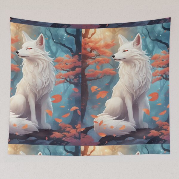 Item preview, Japanese folklore fox kitsune forest cherry blossom tree fantasy art designed and sold by Meena-tta.