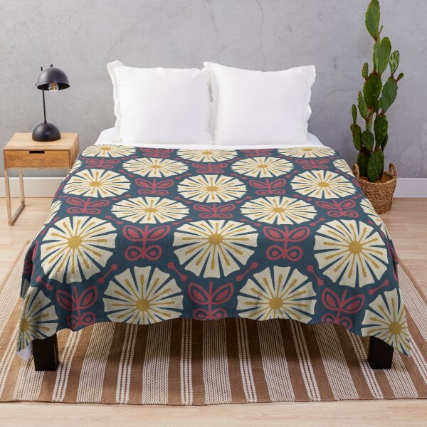 Item preview, KF 0114 E - Vintage Retro 70s Modern Daisy Geometric Floral Pattern In Magenta and Khaki on Navy designed and sold by KhakiFinch.