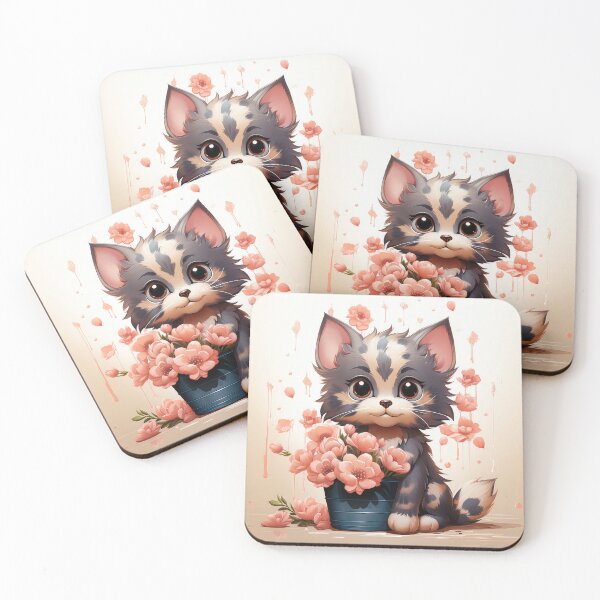 Item preview, grey orange cat holding pot of flowers designed and sold by sabri84.