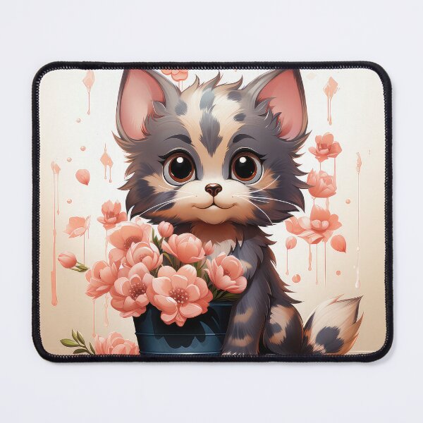 Item preview, grey orange cat holding pot of flowers designed and sold by sabri84.