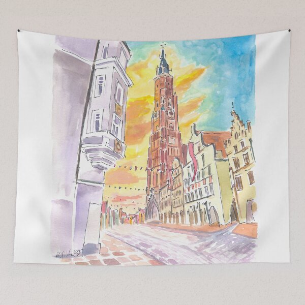 Item preview, Festive Landshut Oldtown with Illuminated Clouds and Saint Martin at Sunset designed and sold by artshop77.