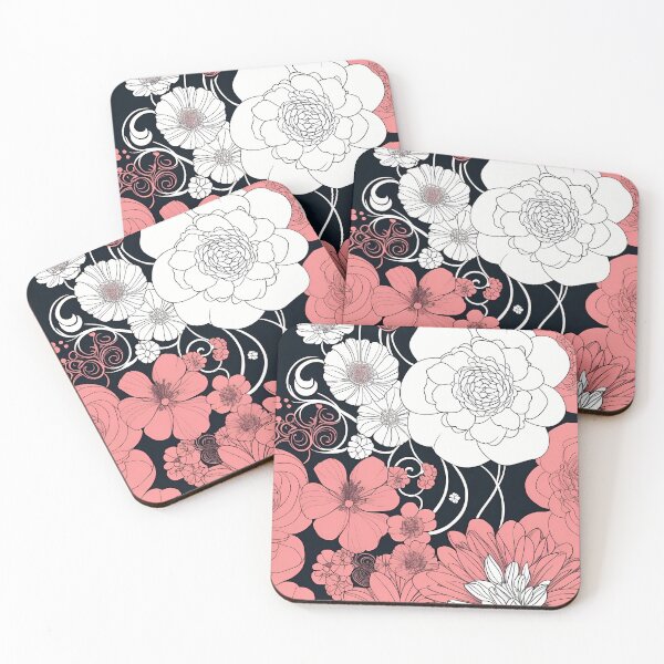 Item preview, Elegant Monochrome Floral Art - White and Pastel Red on Black designed and sold by DeevaValli.