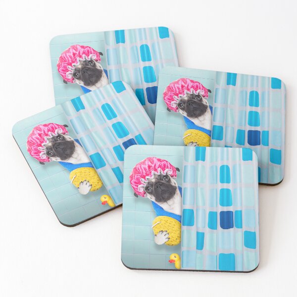 Item preview, Sweet pug in bathing cap hiding behind shower curtain blue designed and sold by Carroll-MB-Des.