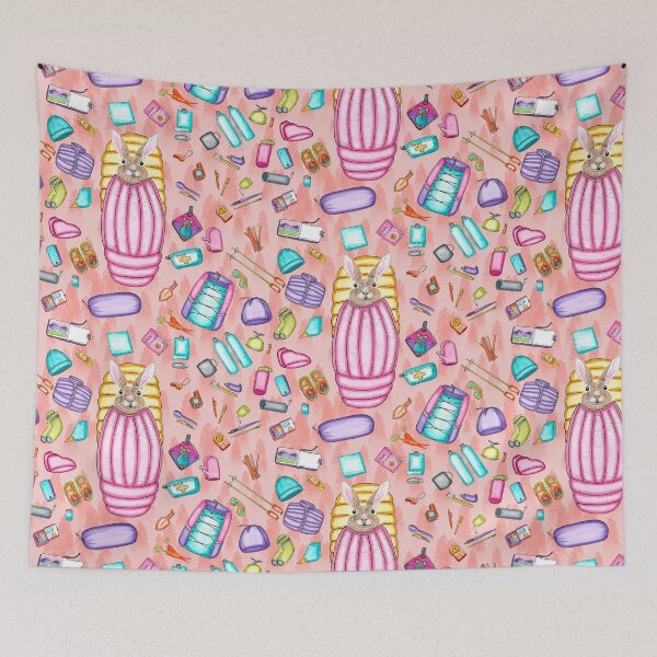 Item preview, Whimsical Backpacking Rabbit Gear Spread Tossed on Peach designed and sold by Sockstomistic.
