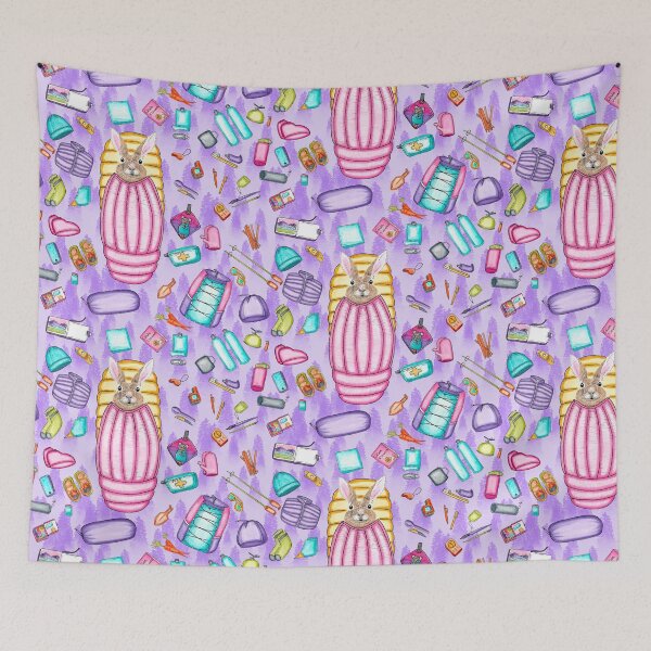 Item preview, Whimsical Backpacking Rabbit Gear Spread Tossed on Purple designed and sold by Sockstomistic.