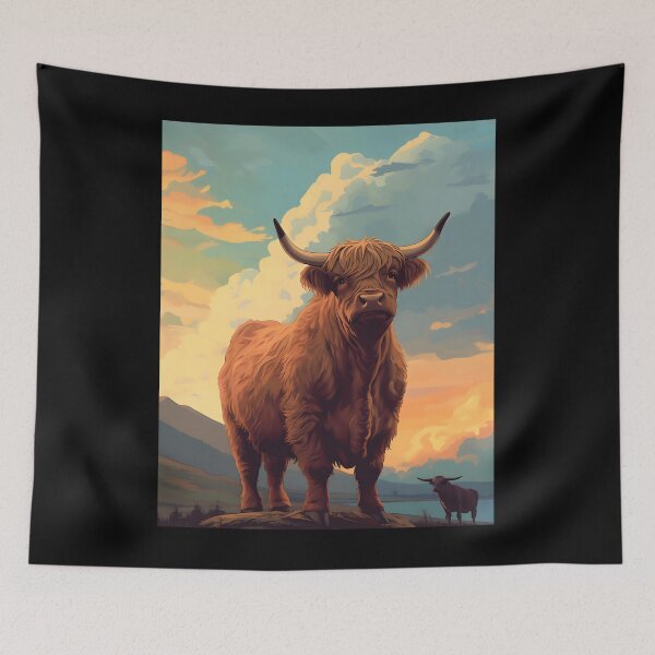 Item preview, Vintage-Inspired Landscape with Scottish Cows  Highland Cattle Sunset Retro Art 	 	 designed and sold by jkdrfkom14.
