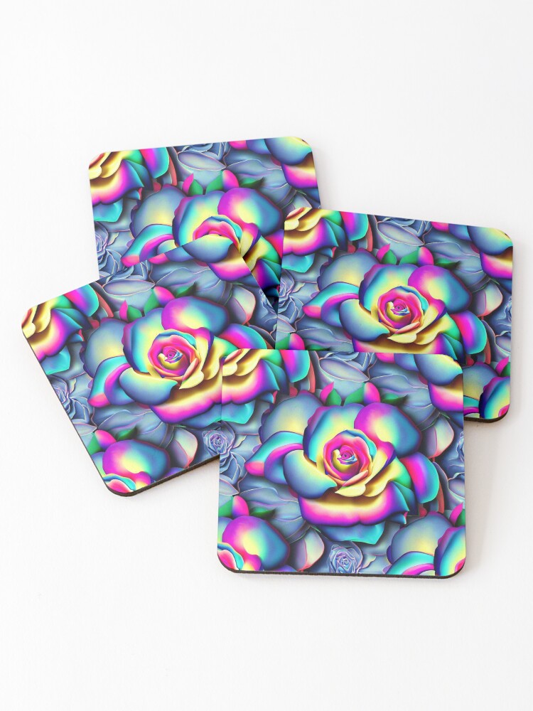 Thumbnail 1 of 5, Coasters (Set of 4), Vibrant 3D Roses - Rainbow Color Seamless Pattern designed and sold by ImgntnMonster.