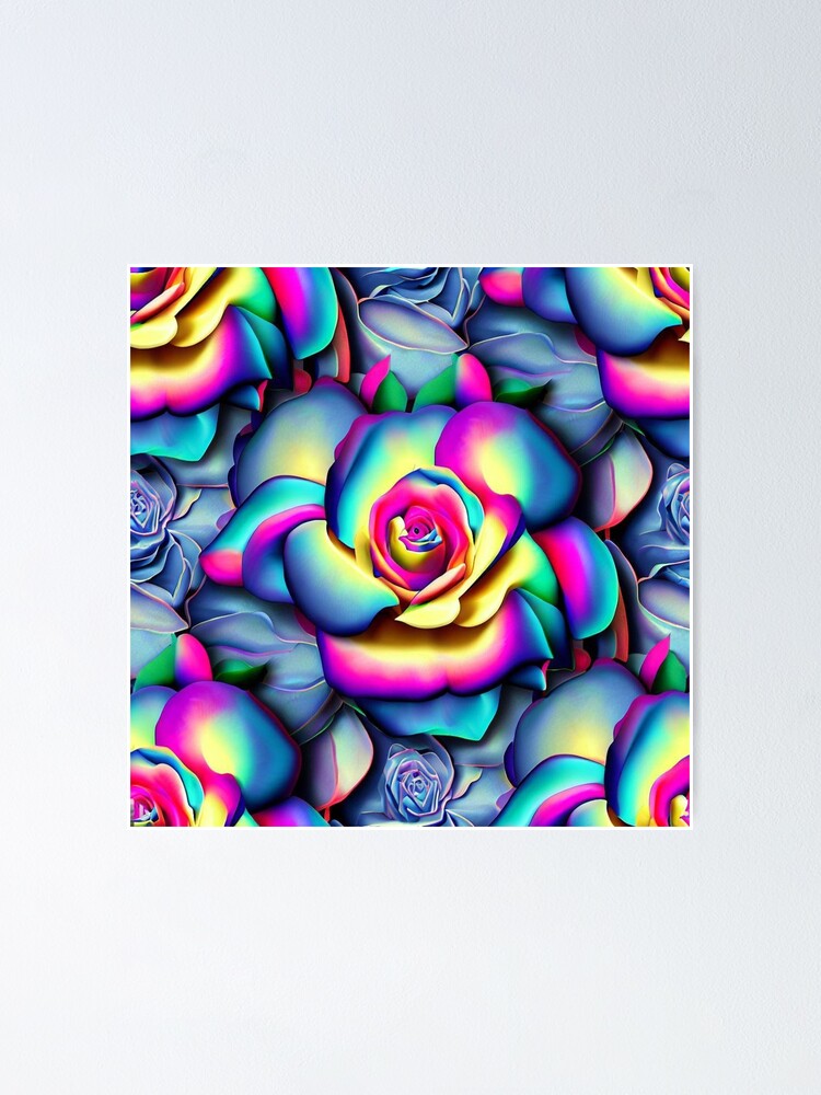 Thumbnail 1 of 3, Poster, Vibrant 3D Roses - Rainbow Color Seamless Pattern designed and sold by ImgntnMonster.