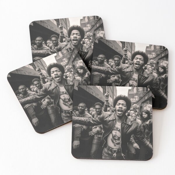 Item preview, We Out Here, Black african rocker singing and shouting in the street with 1970s crowd in black-and-white designed and sold by jeanfmarc.