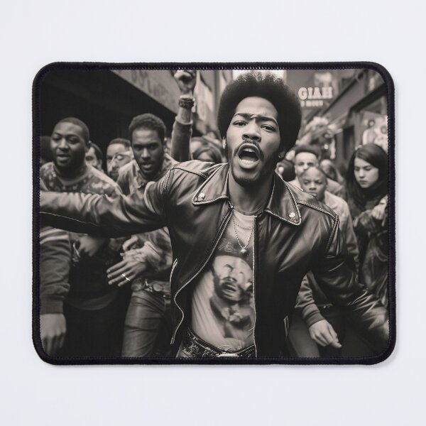 Item preview, We Out Here, Black african rocker singing and shouting in the street with 1970s crowd in black-and-white designed and sold by jeanfmarc.