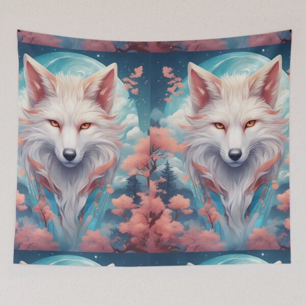 Item preview, Japanese folklore fox kitsune forest cherry blossom tree fantasy art designed and sold by Meena-tta.