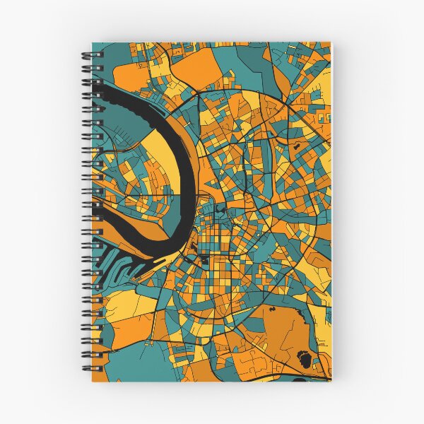 Aperçu de l'œuvre Motif de carte de Düsseldorf en orange et bleu sarcelle créée et vendue par PatternMaps.