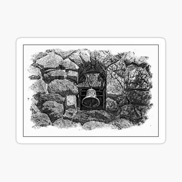 Manipulated photograph that looks like a black and white drawing of a mission bell in a stone wall, Arizona. Sticker