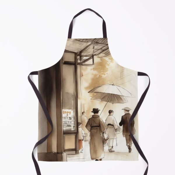 Item preview, asian Post Office from 19th century sepia watercolor ink painting kimono umbrella designed and sold by Meena-tta.