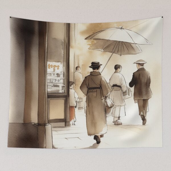Item preview, asian Post Office from 19th century sepia watercolor ink painting kimono umbrella designed and sold by Meena-tta.