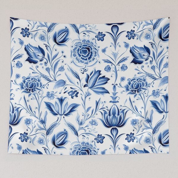 Artikelvorschau, Buntes Fantasiemuster blau weiß Delfter Kacheln Tulpen entworfen und verkauft von G-M-Designs.