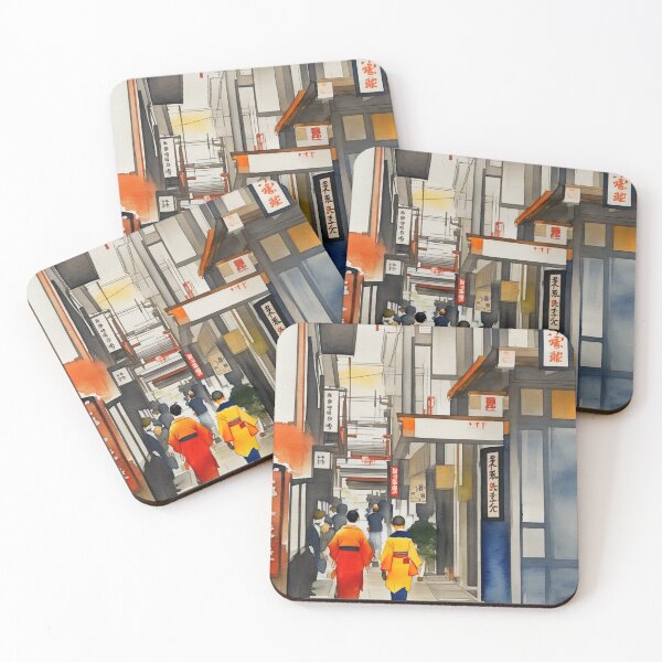 Item preview, Japanese Asian street from 20th century watercolor painting kimono designed and sold by Meena-tta.