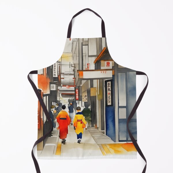 Item preview, Japanese Asian street from 20th century watercolor painting kimono designed and sold by Meena-tta.