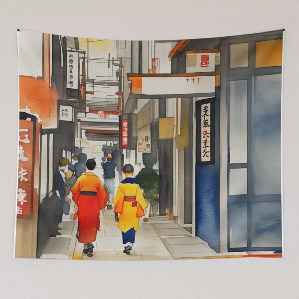 Item preview, Japanese Asian street from 20th century watercolor painting kimono designed and sold by Meena-tta.